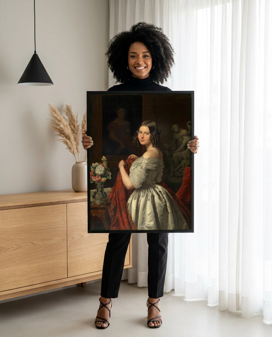 Quadro Decorativo A Jovem Costureira - Ferdinand Georg Waldmüller | modelo apresentando o quadro emoldurado