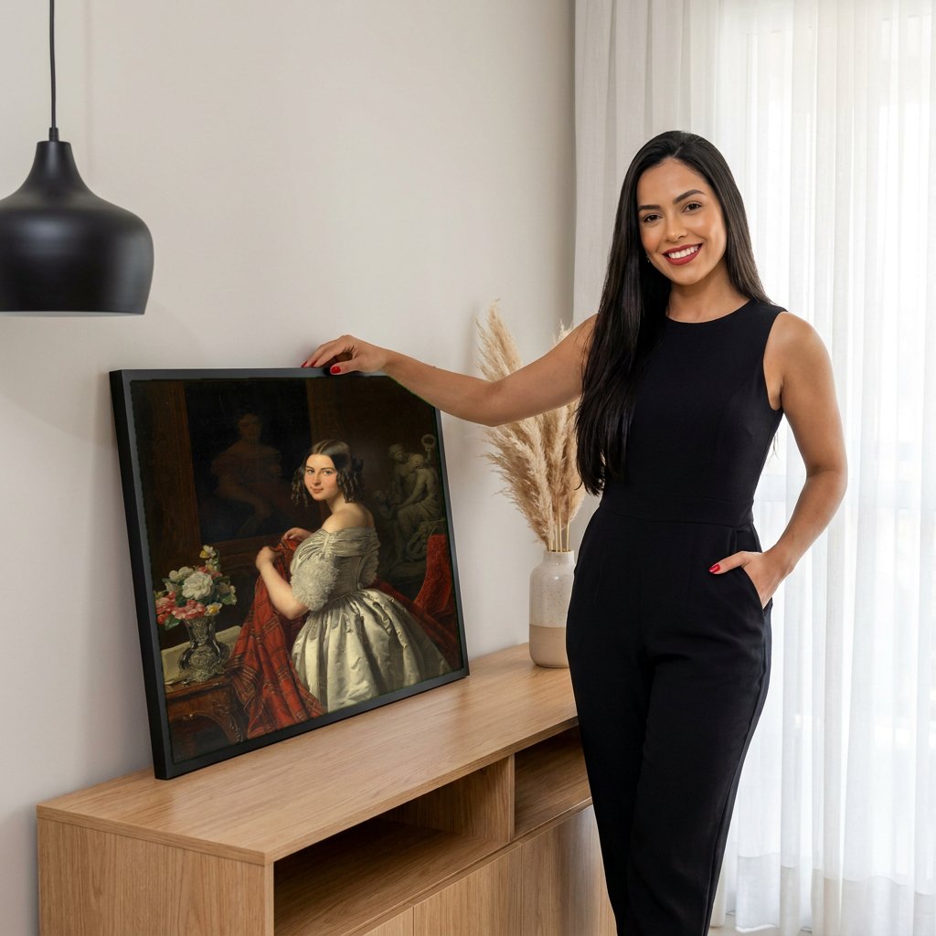 Quadro Decorativo A Jovem Costureira - Ferdinand Georg Waldmüller | modelo apresentando o quadro emoldurado