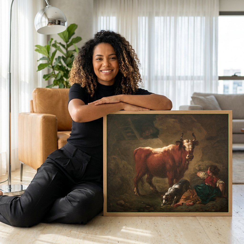 Quadro Decorativo O Touro – Jean-Honoré Fragonard | modelo apresentando o quadro emoldurado