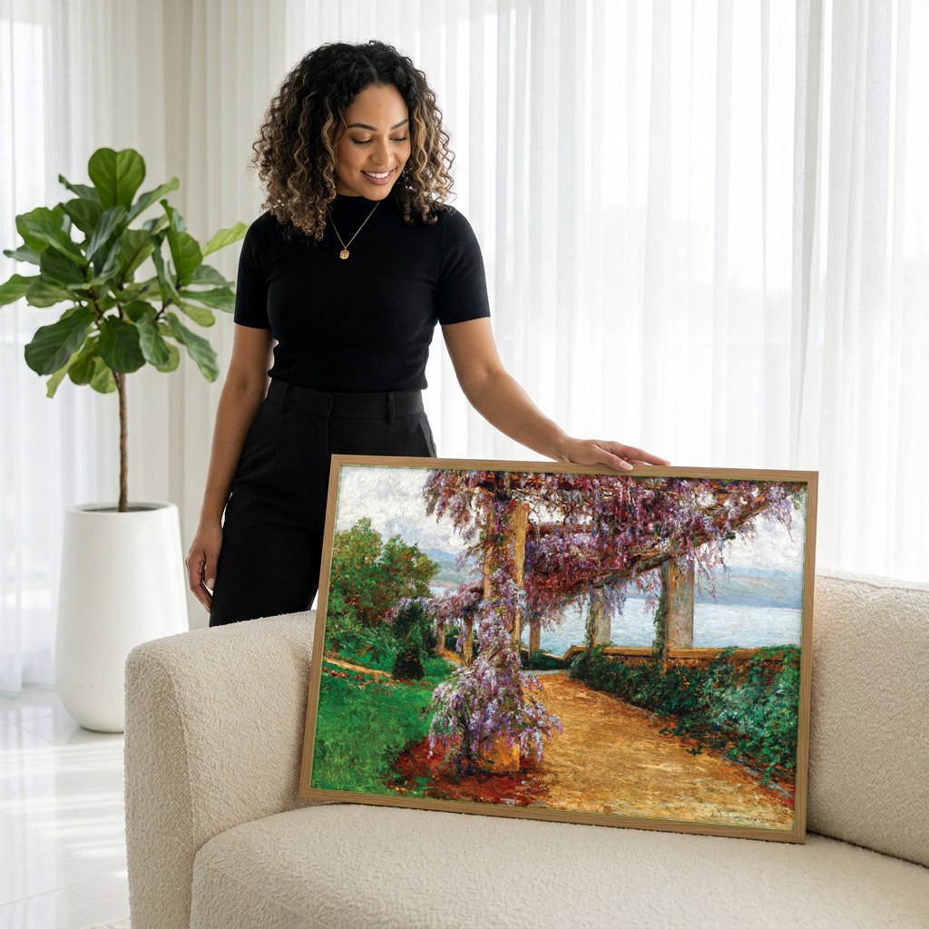 Quadro Decorativo Pérgola Florida à Beira-Mar - Olga Wisinger-Florian | modelo apresentando o quadro emoldurado