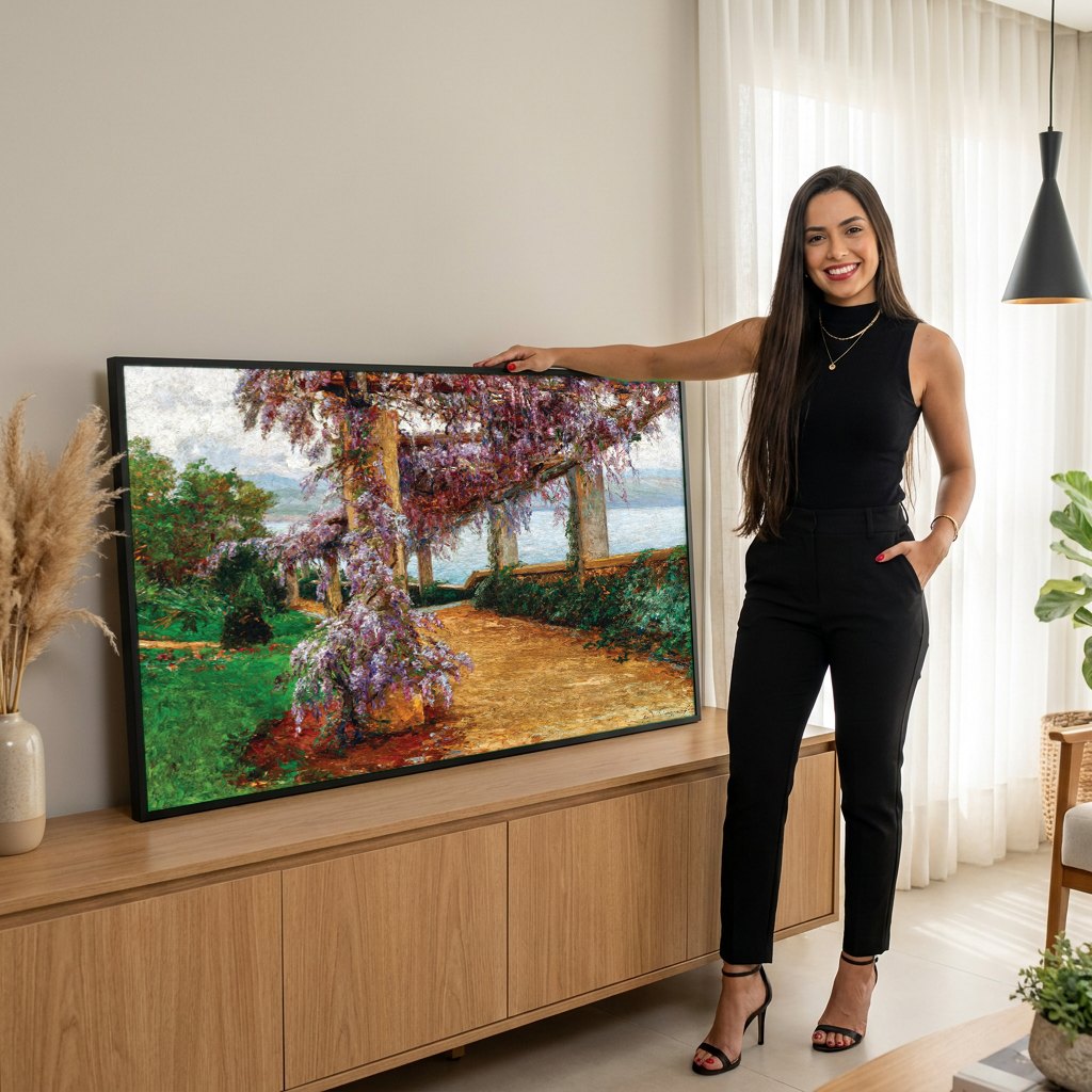 Quadro Decorativo Pérgola Florida à Beira-Mar - Olga Wisinger-Florian | modelo apresentando o quadro emoldurado