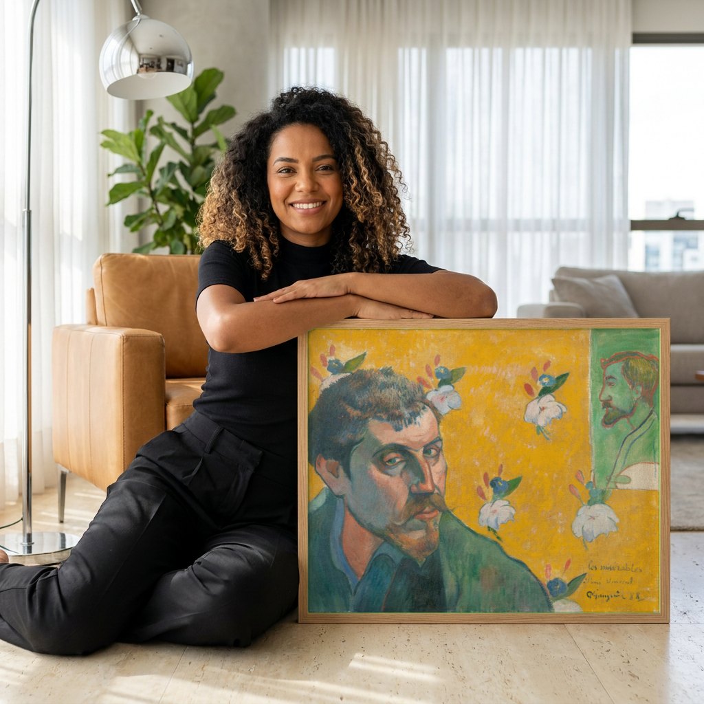 Quadro Decorativo Autorretrato 'Les Misérables' - Gauguin | modelo apresentando o quadro emoldurado
