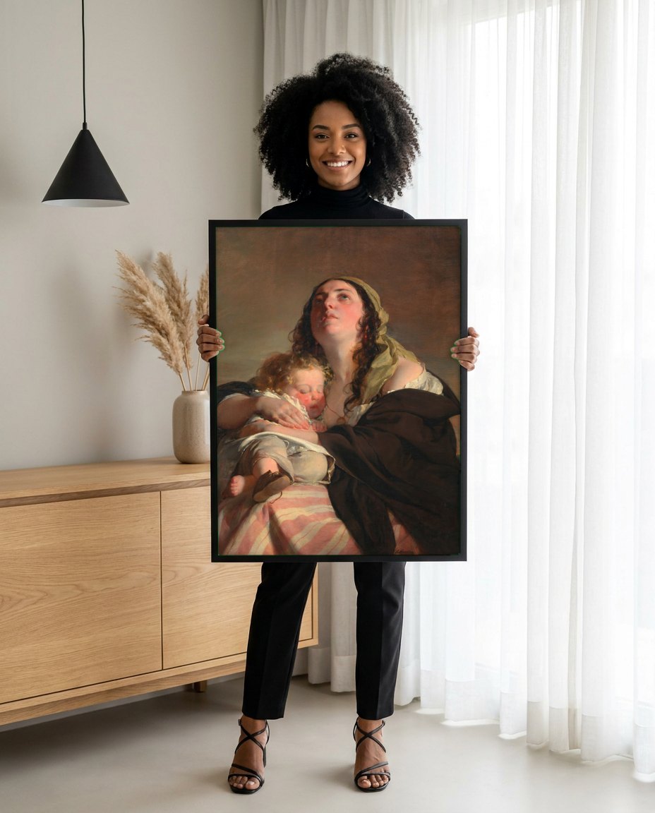 Quadro Decorativo Mãe e Filho - F. von Amerling | modelo apresentando o quadro emoldurado