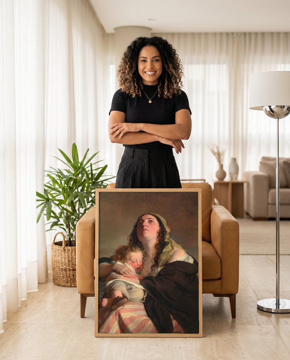 Quadro Decorativo Mãe e Filho - F. von Amerling | modelo apresentando o quadro emoldurado