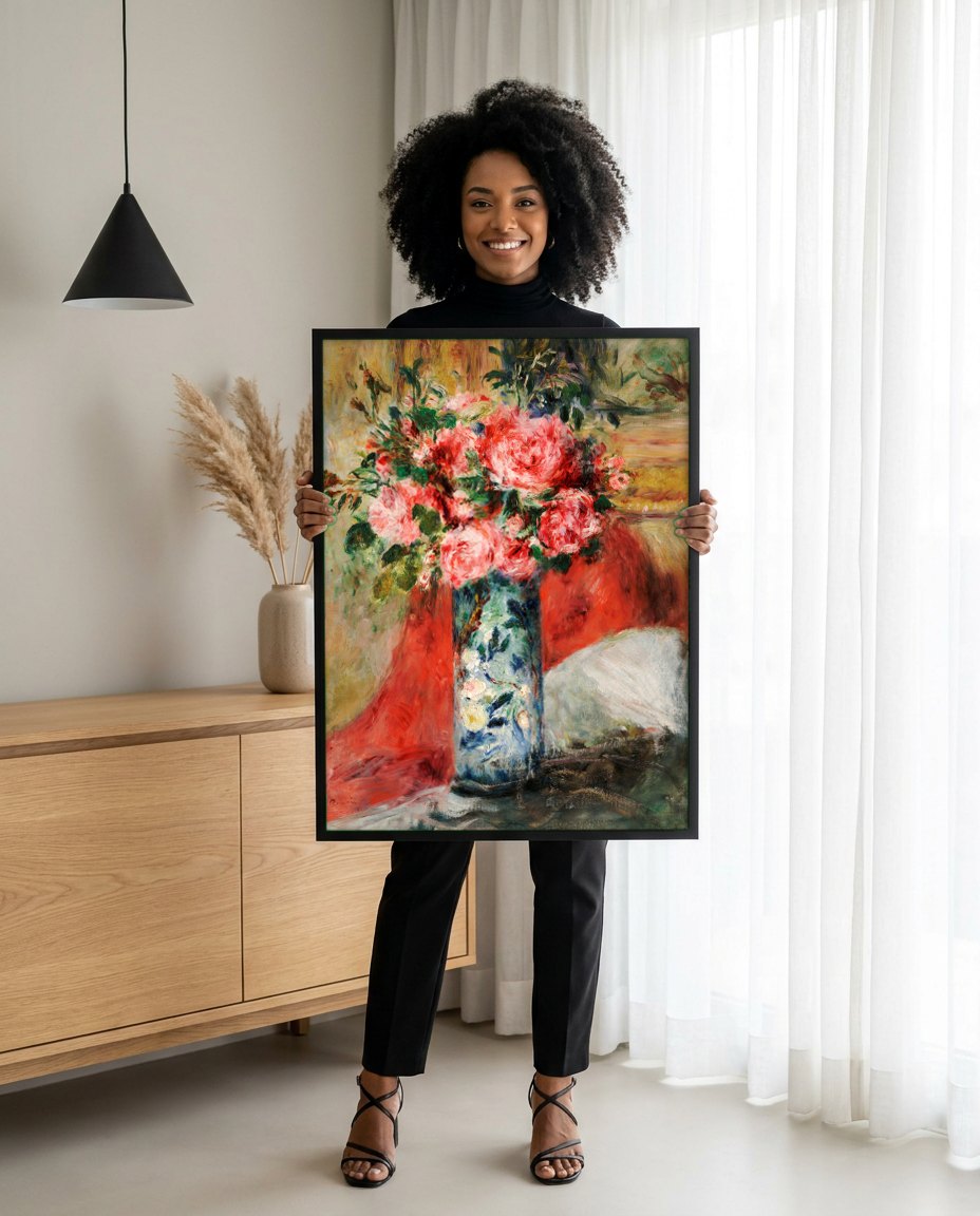 Quadro Decorativo Rosas em Vaso - Renoir | modelo apresentando o quadro emoldurado