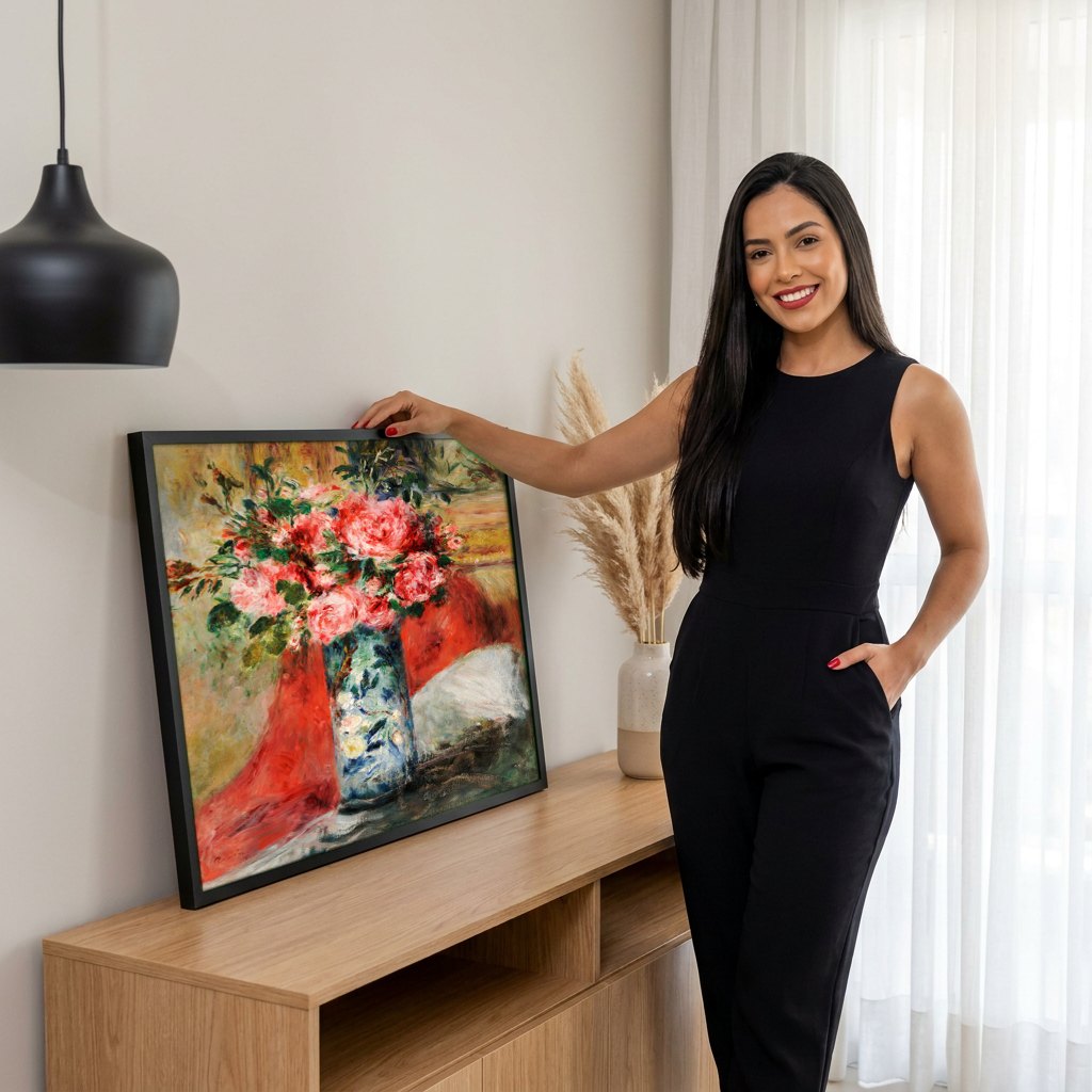 Quadro Decorativo Rosas em Vaso - Renoir | modelo apresentando o quadro emoldurado