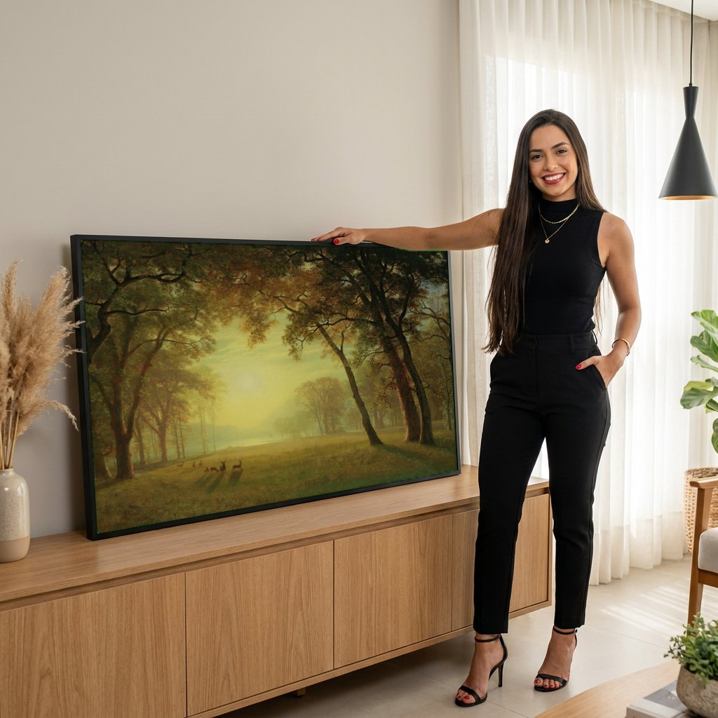 Quadro Decorativo Floresta Dourada - Albert Bierstadt | modelo apresentando o quadro emoldurado