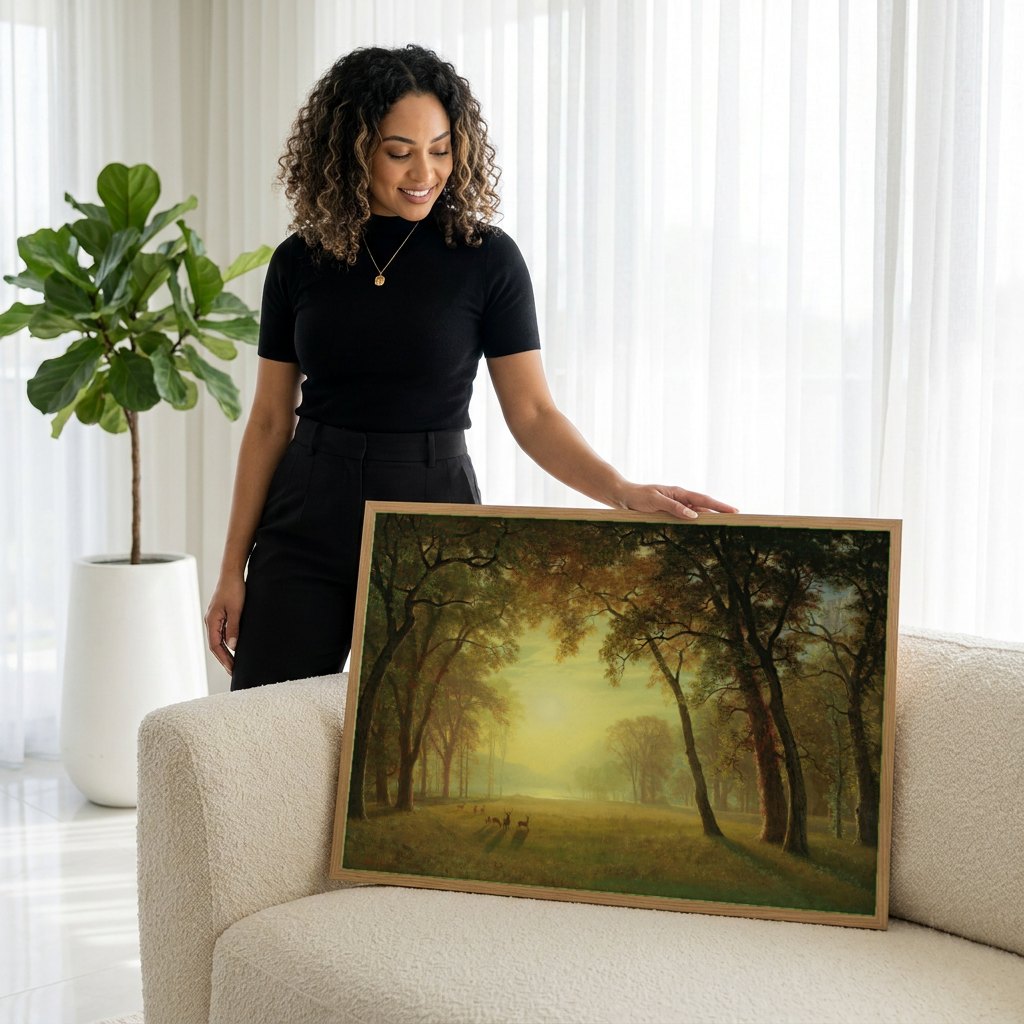Quadro Decorativo Floresta Dourada - Albert Bierstadt | modelo apresentando o quadro emoldurado