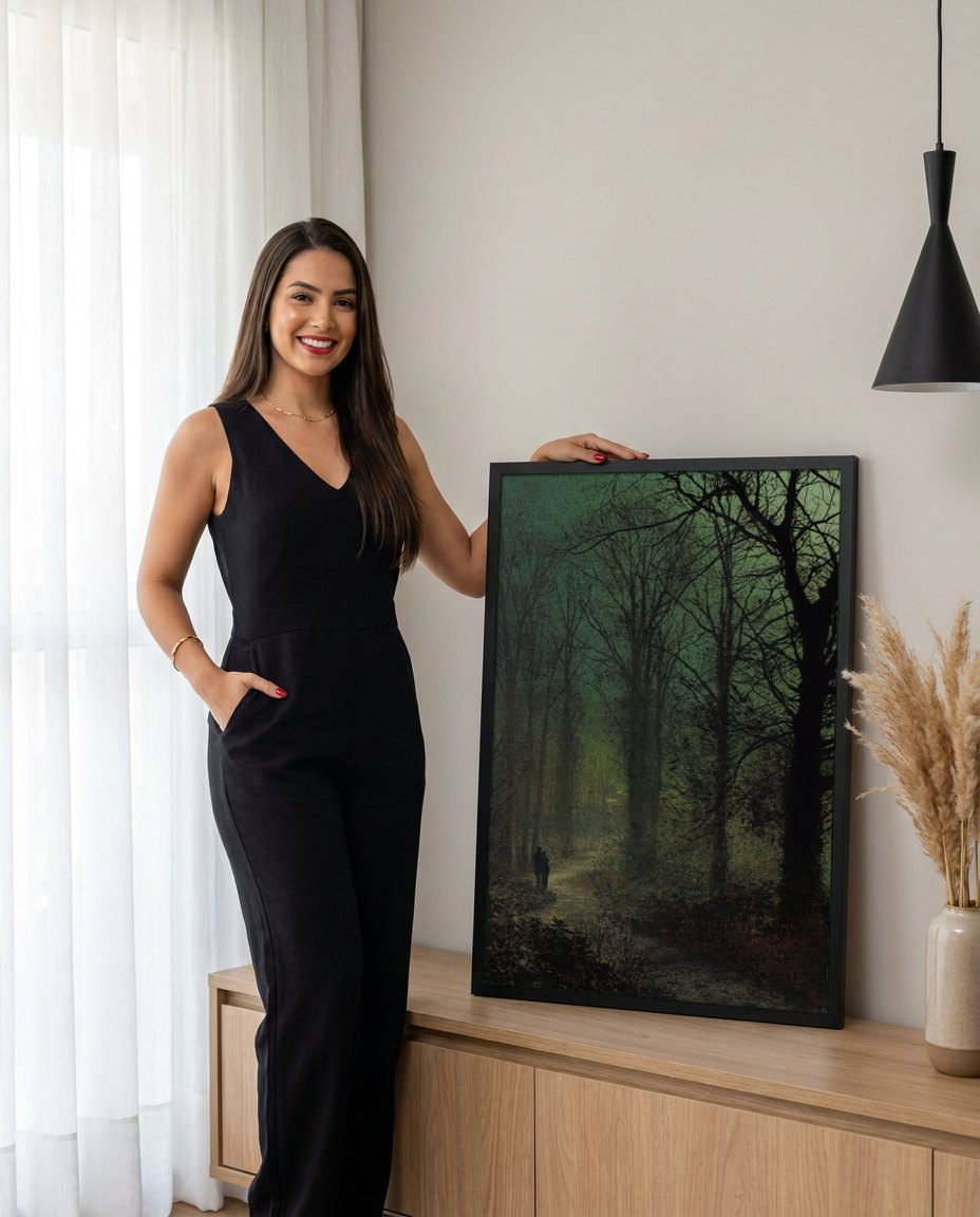 Quadro Decorativo Caminho na Floresta - Grimshaw | modelo apresentando o quadro emoldurado