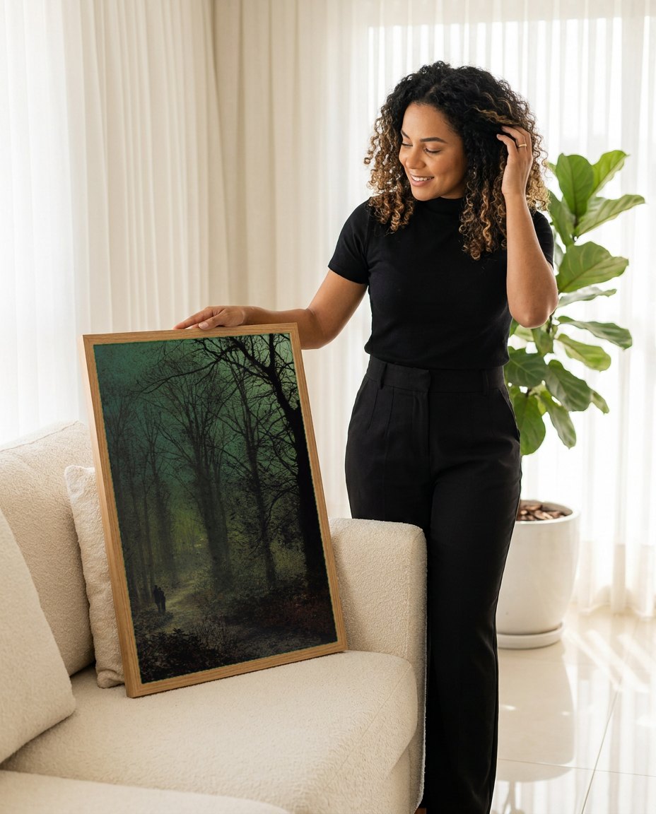 Quadro Decorativo Caminho na Floresta - Grimshaw | modelo apresentando o quadro emoldurado