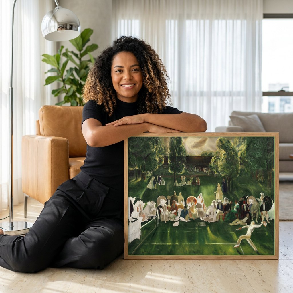 Quadro Decorativo Tennis at Newport - George Bellows | modelo apresentando o quadro emoldurado