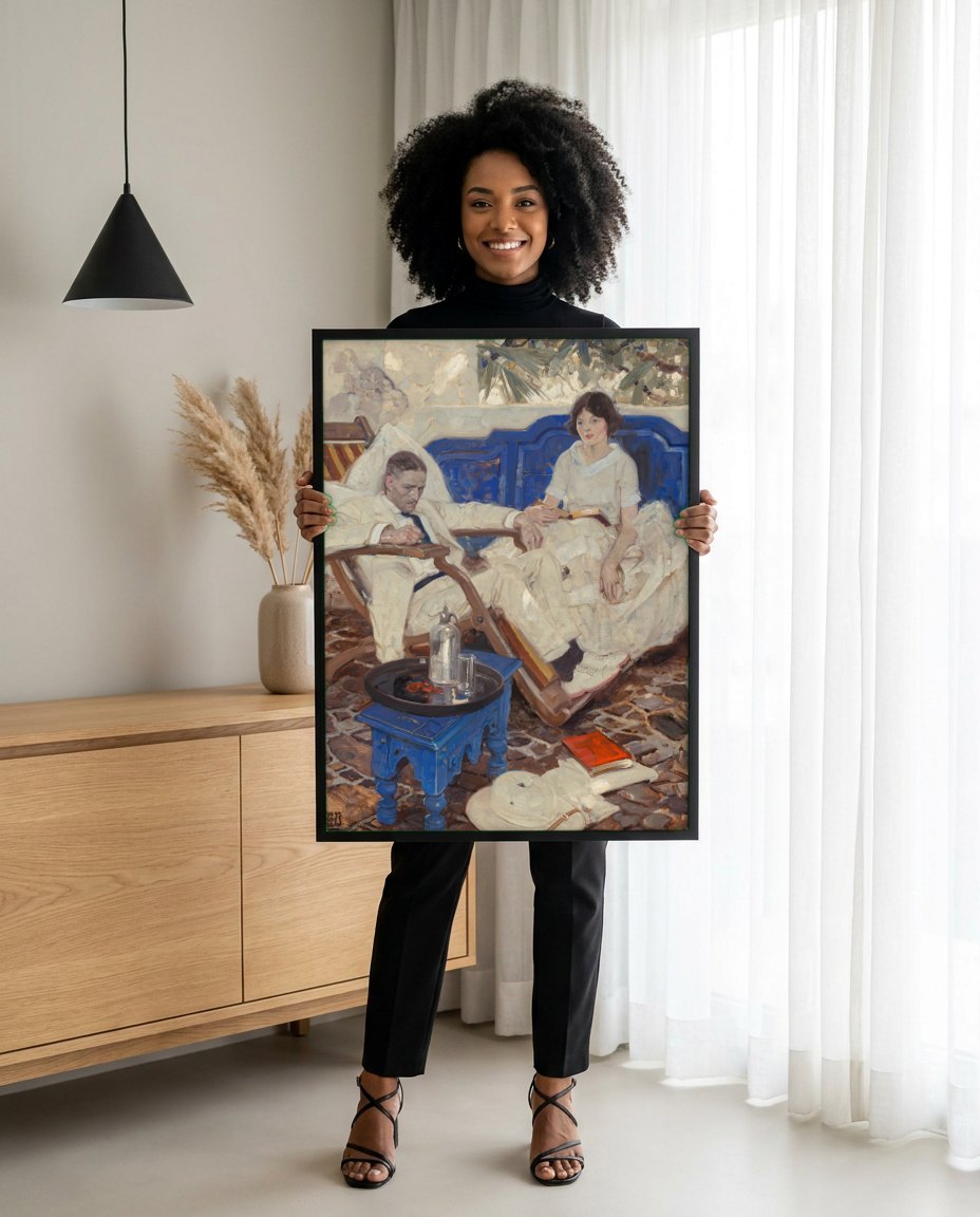 Quadro Decorativo 'The Blue Sofa' - Dean Cornwell | modelo apresentando o quadro emoldurado