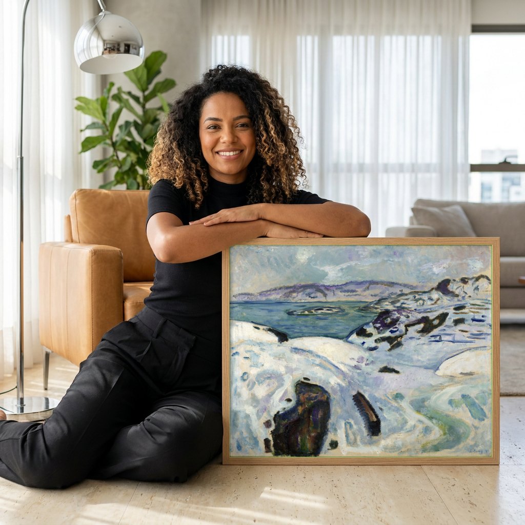 Quadro Decorativo Inverno na Praia – Edvard Munch | modelo apresentando o quadro emoldurado