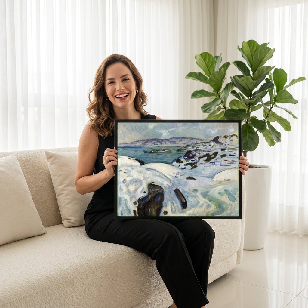 Quadro Decorativo Inverno na Praia – Edvard Munch | modelo apresentando o quadro emoldurado