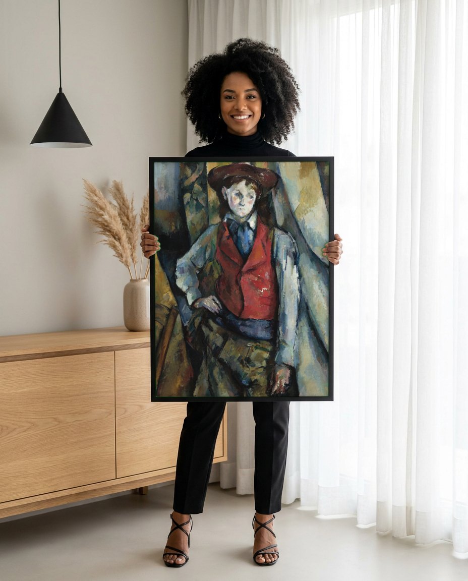 Quadro Decorativo O Menino do Colete Vermelho - Paul Cézanne | modelo apresentando o quadro emoldurado