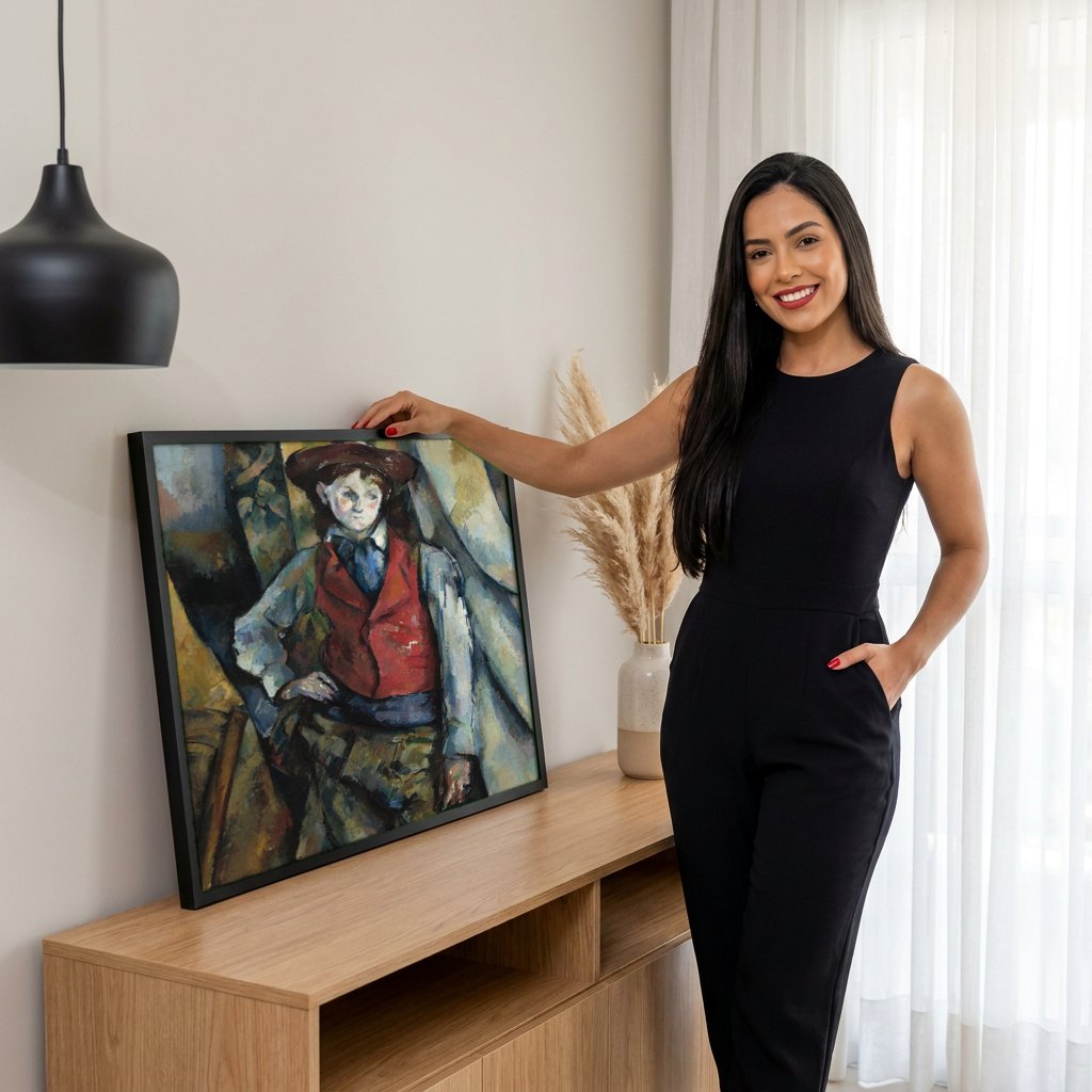 Quadro Decorativo O Menino do Colete Vermelho - Paul Cézanne | modelo apresentando o quadro emoldurado