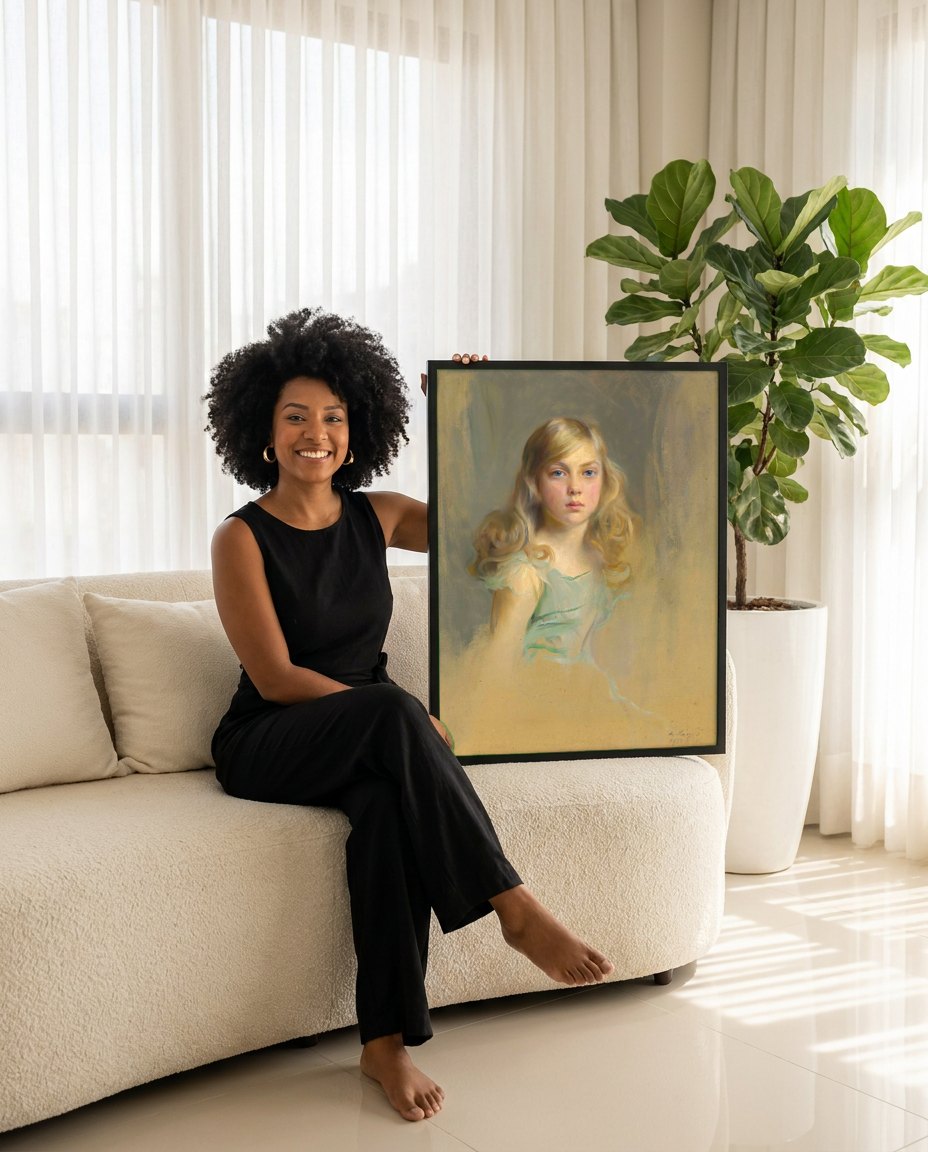 Quadro Decorativo Retrato de Menina Loira - Philip Alexius de László | modelo apresentando o quadro emoldurado