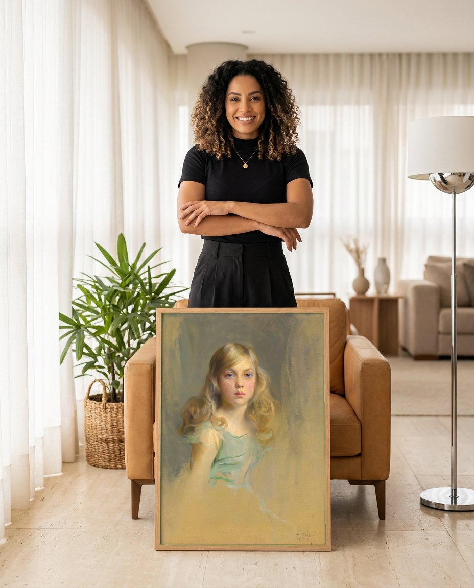 Quadro Decorativo Retrato de Menina Loira - Philip Alexius de László | modelo apresentando o quadro emoldurado