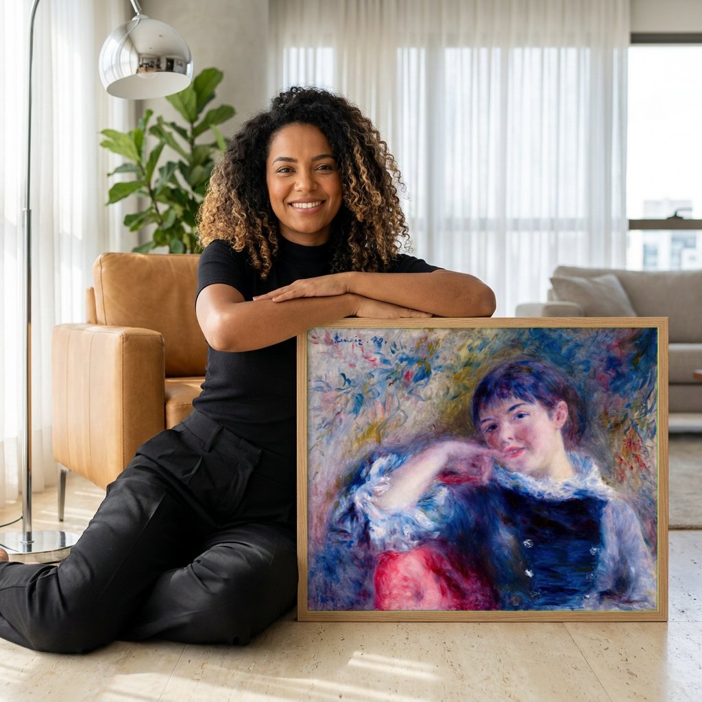 Quadro Decorativo Jovem Mulher em Azul - Renoir | modelo apresentando o quadro emoldurado