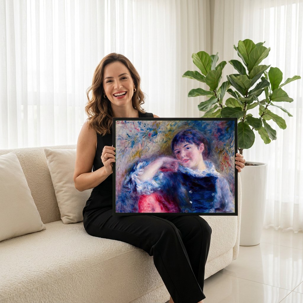 Quadro Decorativo Jovem Mulher em Azul - Renoir | modelo apresentando o quadro emoldurado