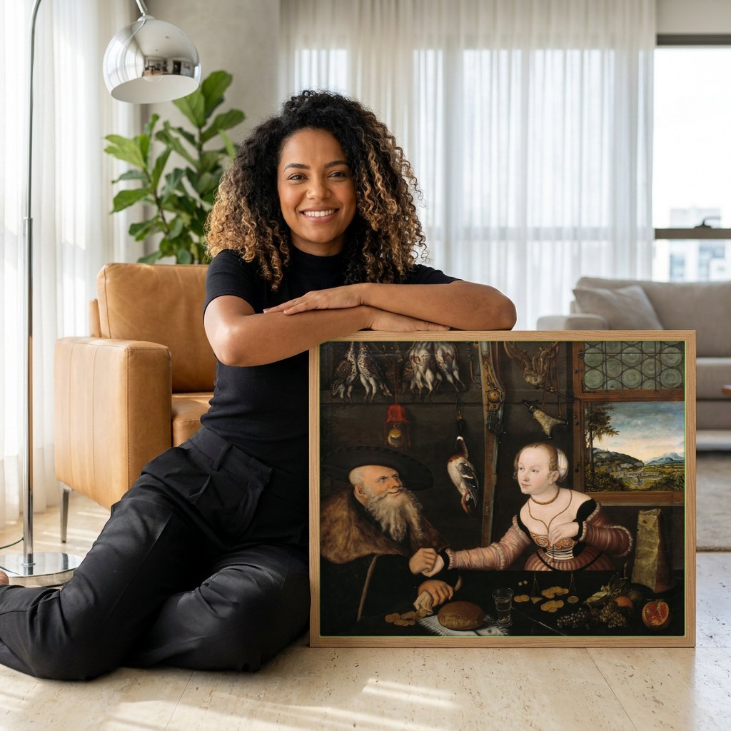 Quadro Decorativo O Caçador e a Ninfa - Cranach, o Velho | modelo apresentando o quadro emoldurado