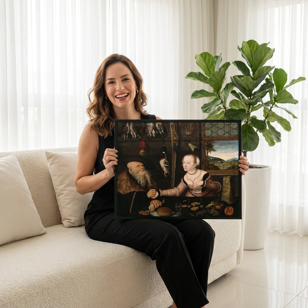 Quadro Decorativo O Caçador e a Ninfa - Cranach, o Velho | modelo apresentando o quadro emoldurado