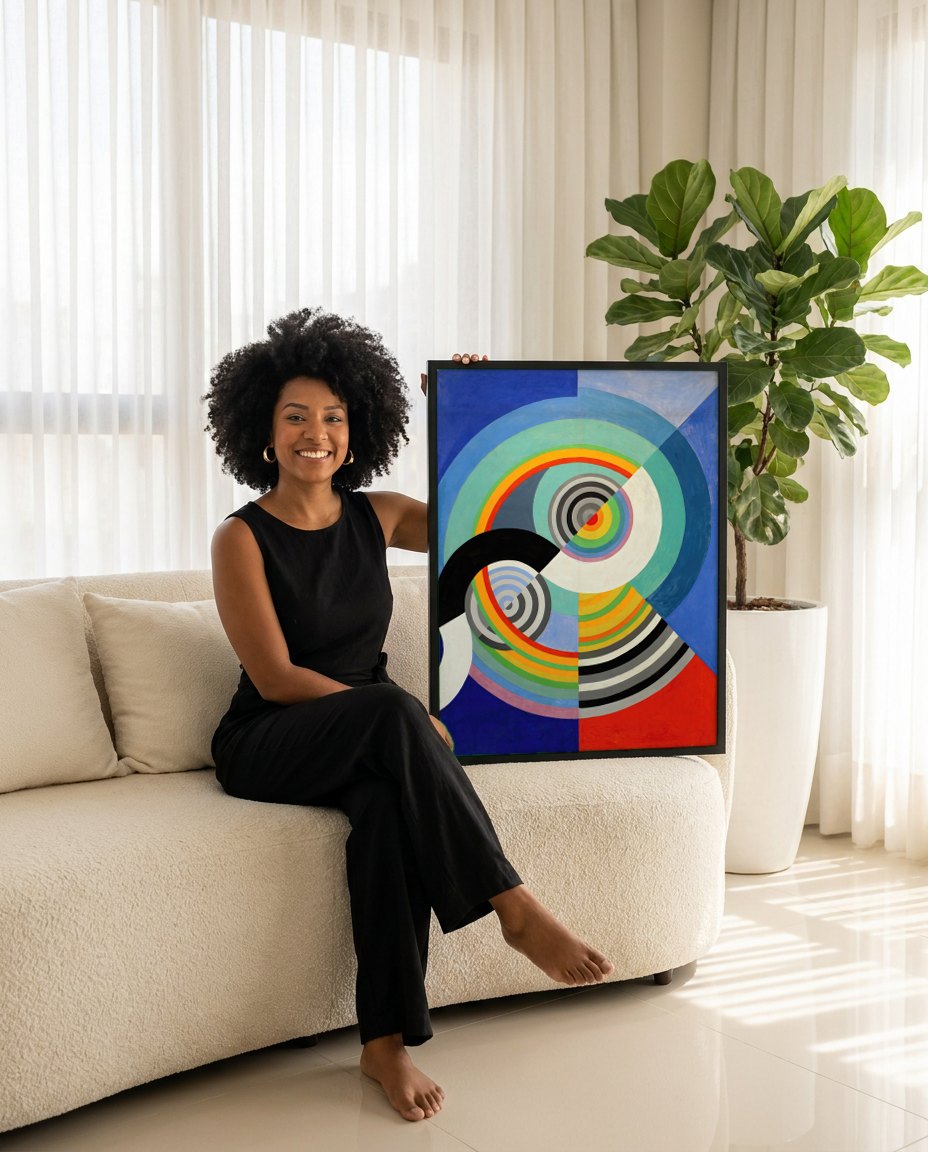 Quadro Decorativo Ritmos Coloridos - Robert Delaunay | modelo apresentando o quadro emoldurado