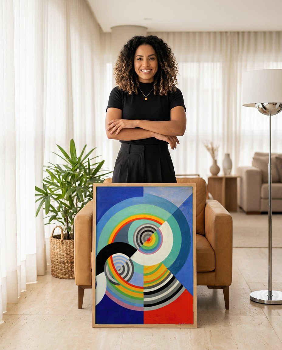 Quadro Decorativo Ritmos Coloridos - Robert Delaunay | modelo apresentando o quadro emoldurado