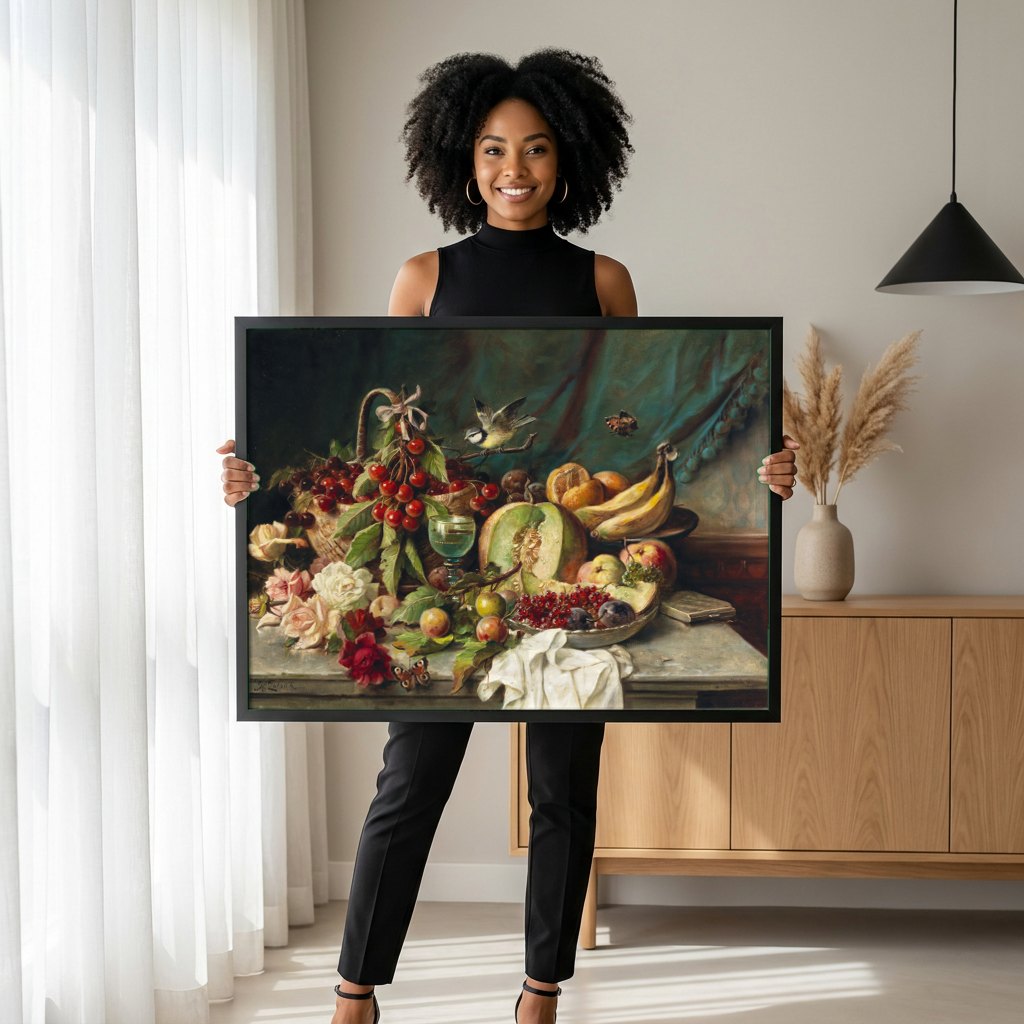 Quadro Decorativo Cesta de Frutas e Flores - Hans Zatzka | modelo apresentando o quadro emoldurado