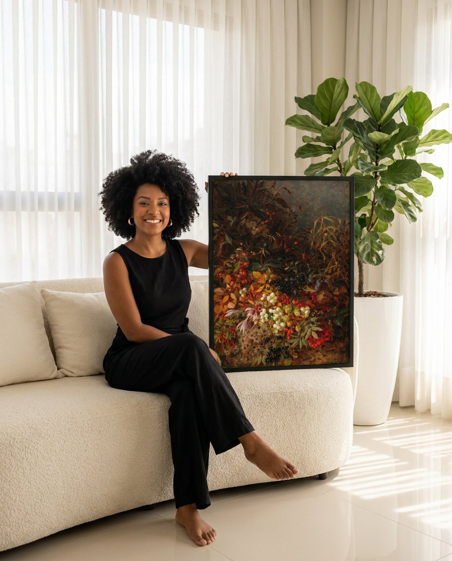Quadro Decorativo Cesta de Frutas e Flores - Olga Wisinger-Florian | modelo apresentando o quadro emoldurado