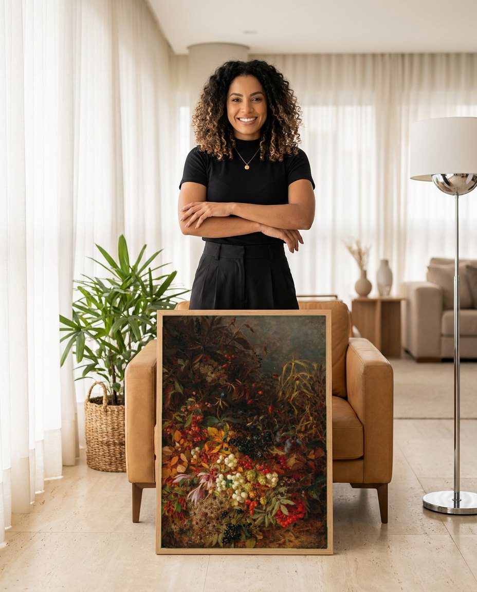 Quadro Decorativo Cesta de Frutas e Flores - Olga Wisinger-Florian | modelo apresentando o quadro emoldurado