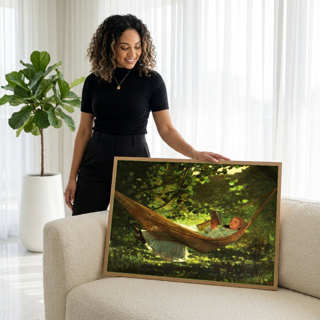 Quadro Decorativo A Rede - Winslow Homer | modelo apresentando o quadro emoldurado