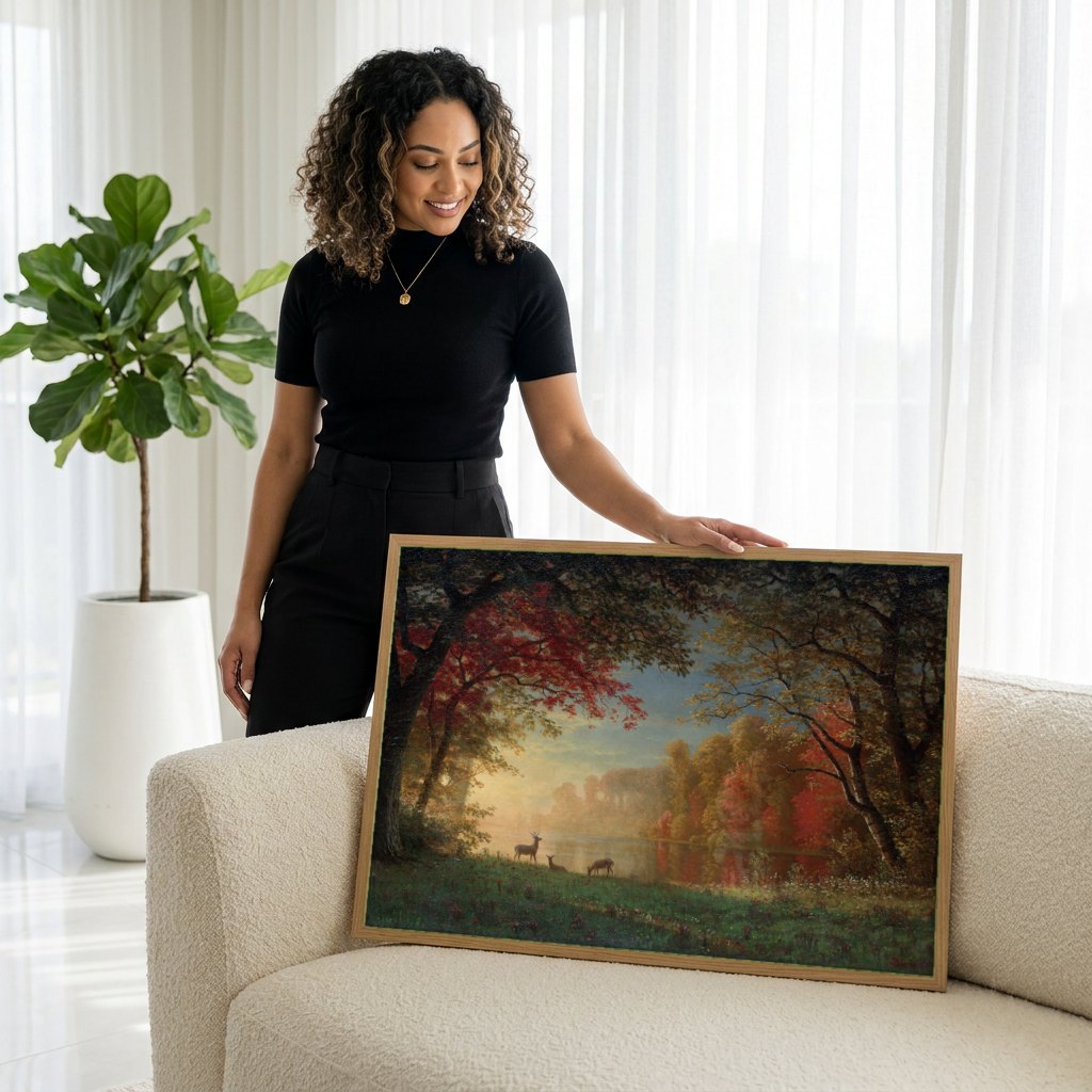 Quadro Decorativo Outono Dourado com Cervos - Albert Bierstadt | modelo apresentando o quadro emoldurado