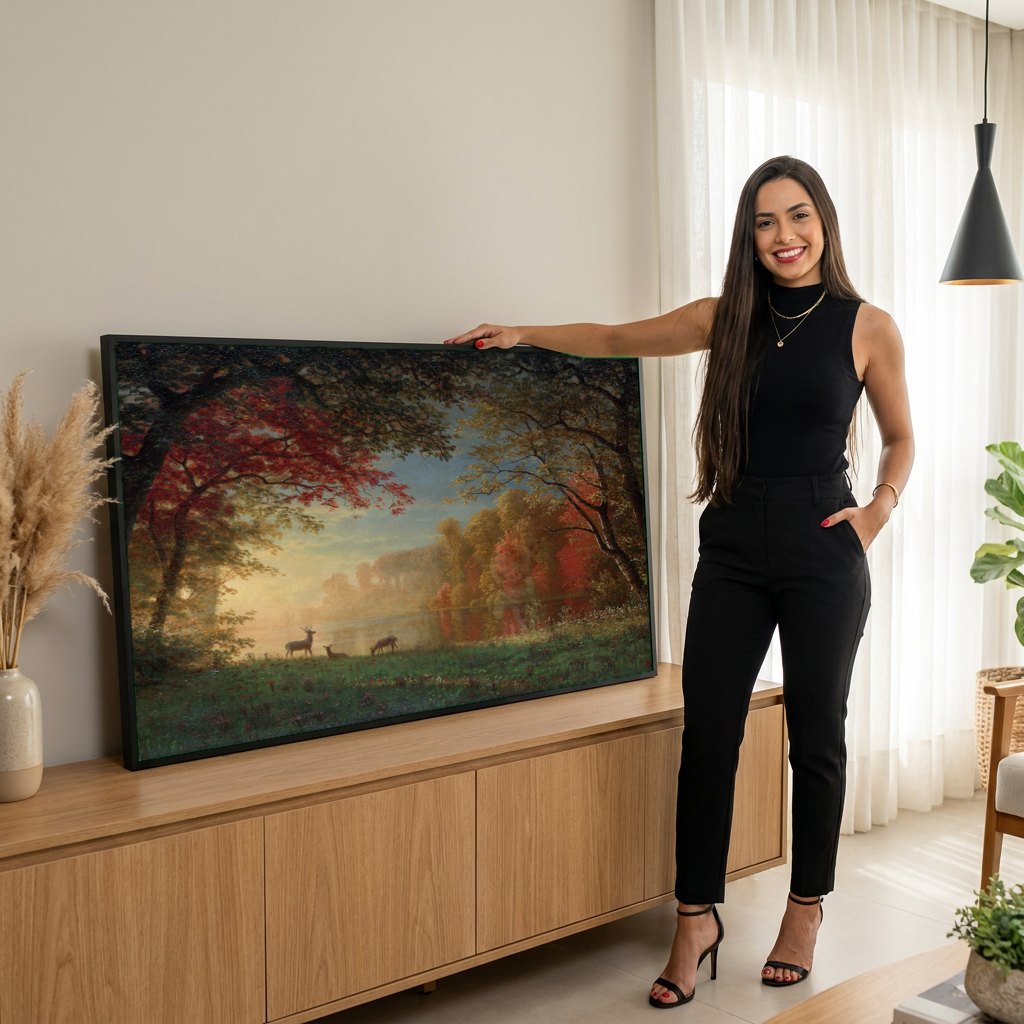Quadro Decorativo Outono Dourado com Cervos - Albert Bierstadt | modelo apresentando o quadro emoldurado