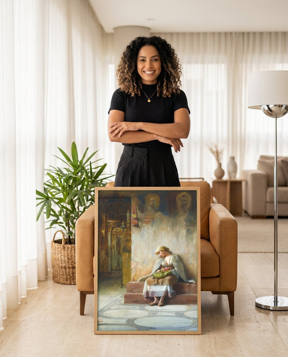 Quadro Decorativo A Oferenda - Theodoros Ralli | modelo apresentando o quadro emoldurado