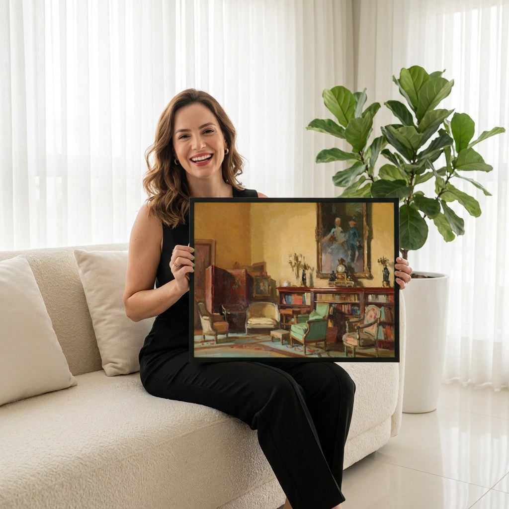 Quadro Decorativo 'O Interior' - Theodoros Rall | modelo apresentando o quadro emoldurado