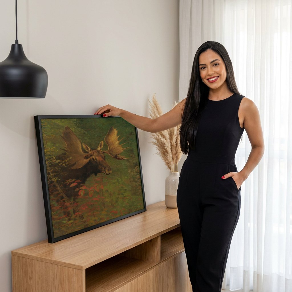 Quadro Decorativo Alce na Floresta - Albert Bierstadt | modelo apresentando o quadro emoldurado