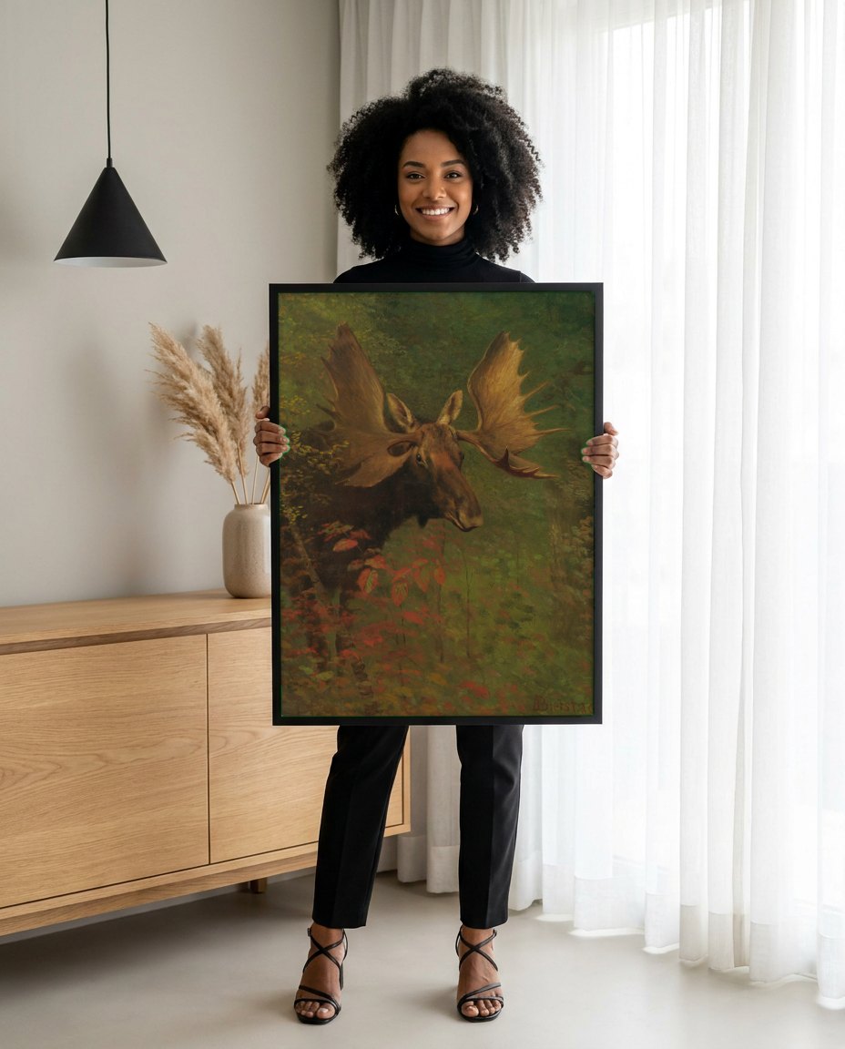 Quadro Decorativo Alce na Floresta - Albert Bierstadt | modelo apresentando o quadro emoldurado