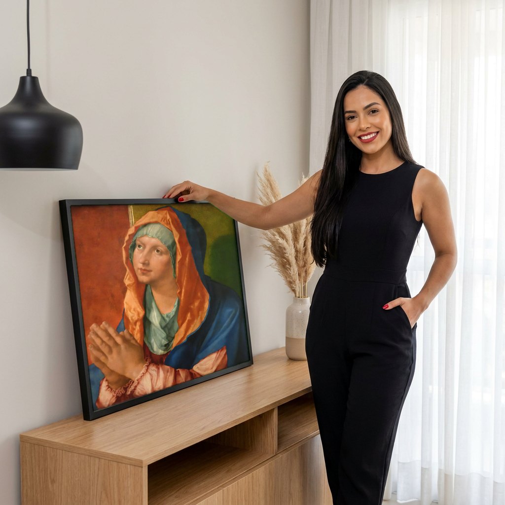 Quadro Decorativo A Virgem Orando - Dürer | modelo apresentando o quadro emoldurado