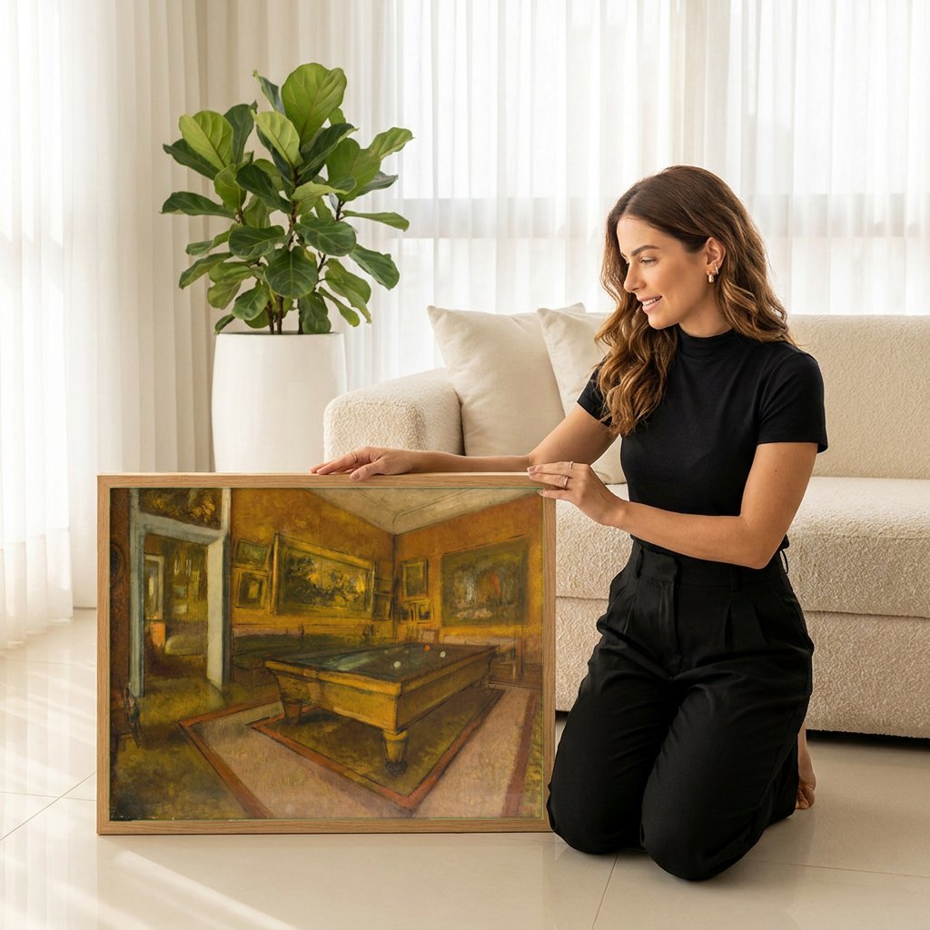Quadro Decorativo A Sala de Bilhar - Edgar Degas | modelo apresentando o quadro emoldurado