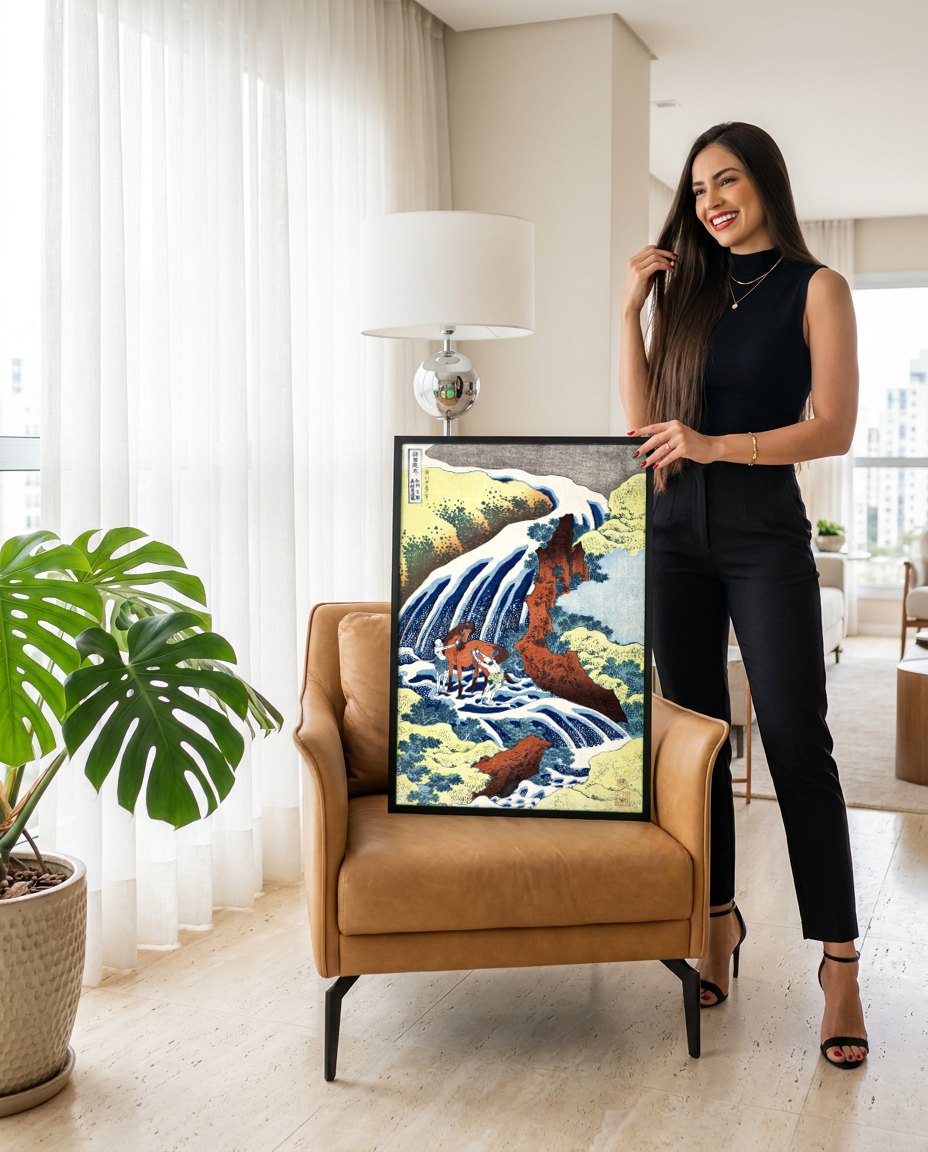 Quadro Decorativo A Cachoeira de Kirifuri - Hokusai | modelo apresentando o quadro emoldurado