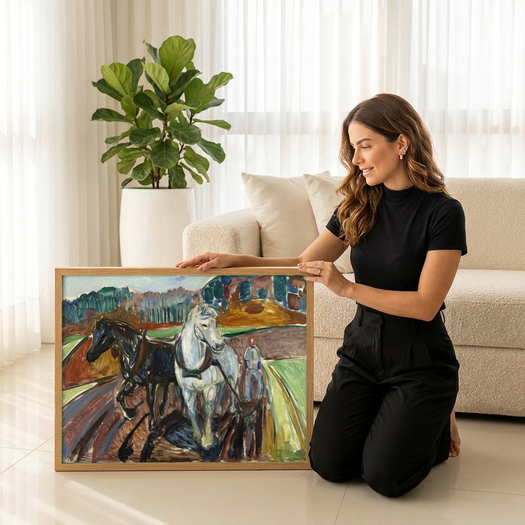 Quadro Decorativo Cavalos Lavrando a Terra - Edvard Munch | modelo apresentando o quadro emoldurado