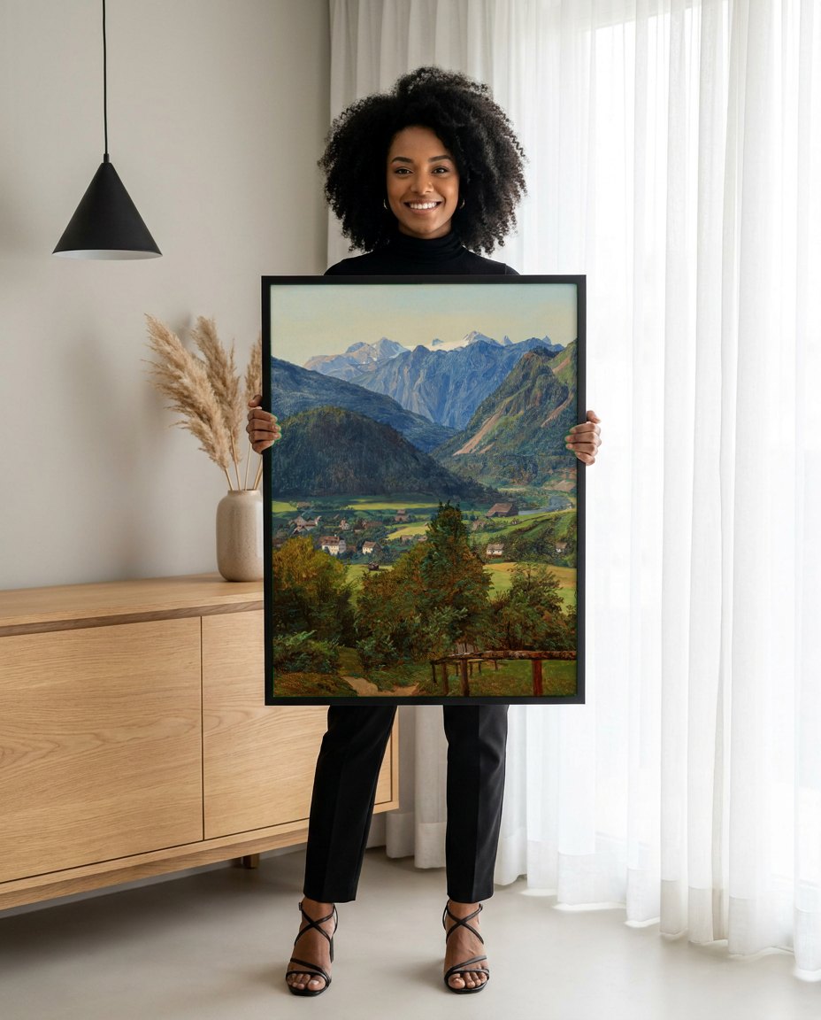 Quadro Decorativo Vale Alpino - Waldmüller | modelo apresentando o quadro emoldurado