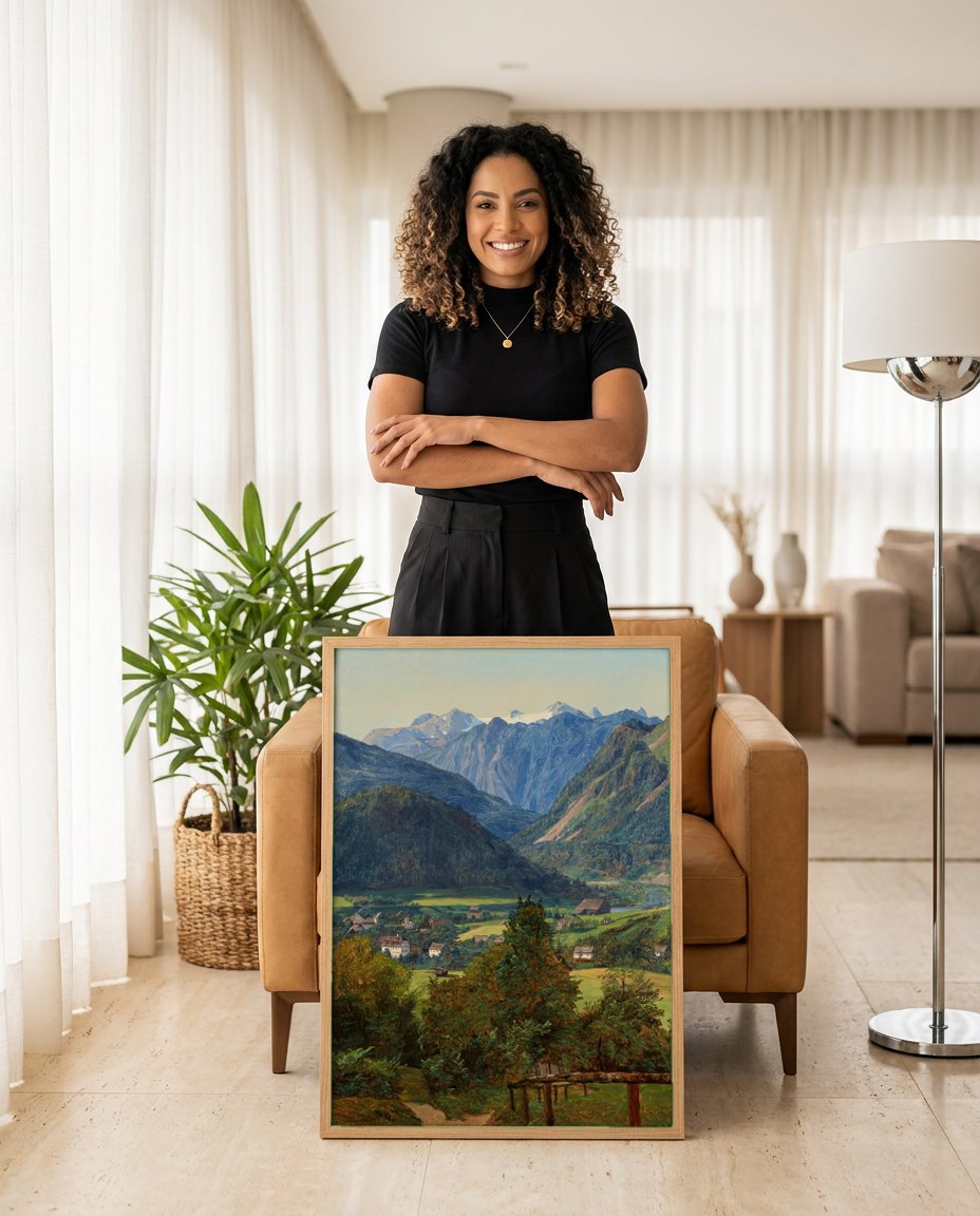 Quadro Decorativo Vale Alpino - Waldmüller | modelo apresentando o quadro emoldurado