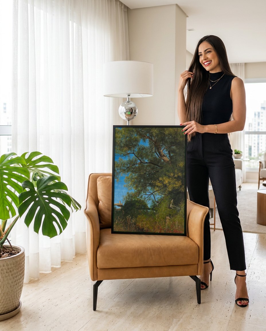 Quadro Decorativo Campo Arborizado - Albert Bierstadt | modelo apresentando o quadro emoldurado