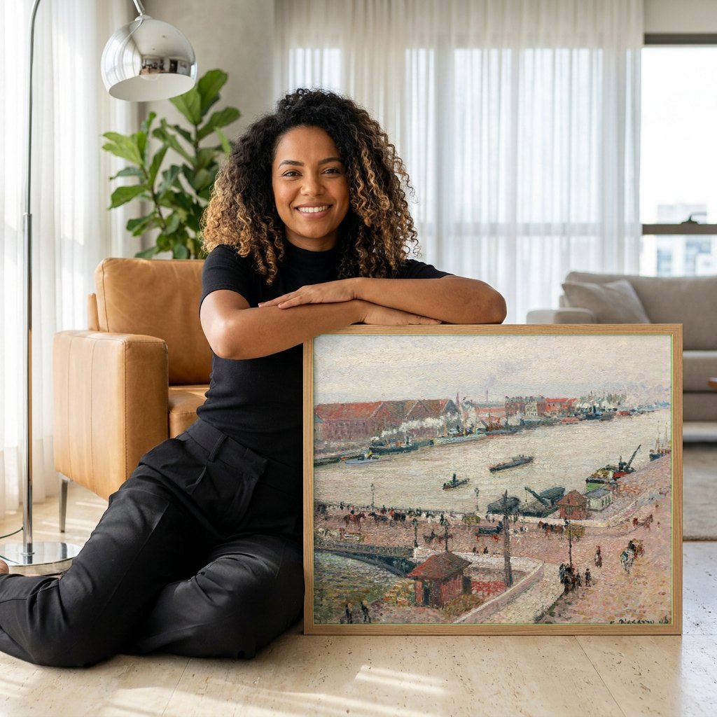 Quadro Decorativo Porto de Rouen - Pissarro | modelo apresentando o quadro emoldurado