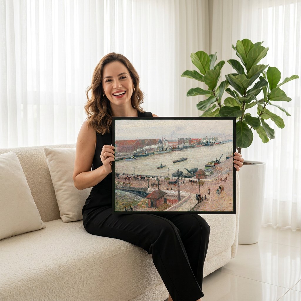 Quadro Decorativo Porto de Rouen - Pissarro | modelo apresentando o quadro emoldurado