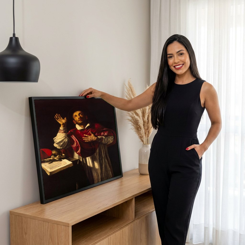 Quadro Decorativo São Carlos Borromeu - Orazio Borgianni | modelo apresentando o quadro emoldurado