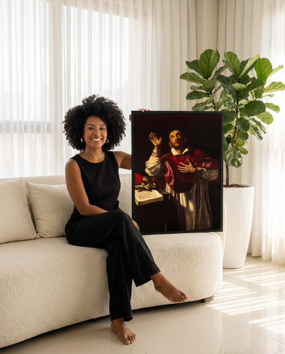 Quadro Decorativo São Carlos Borromeu - Orazio Borgianni | modelo apresentando o quadro emoldurado