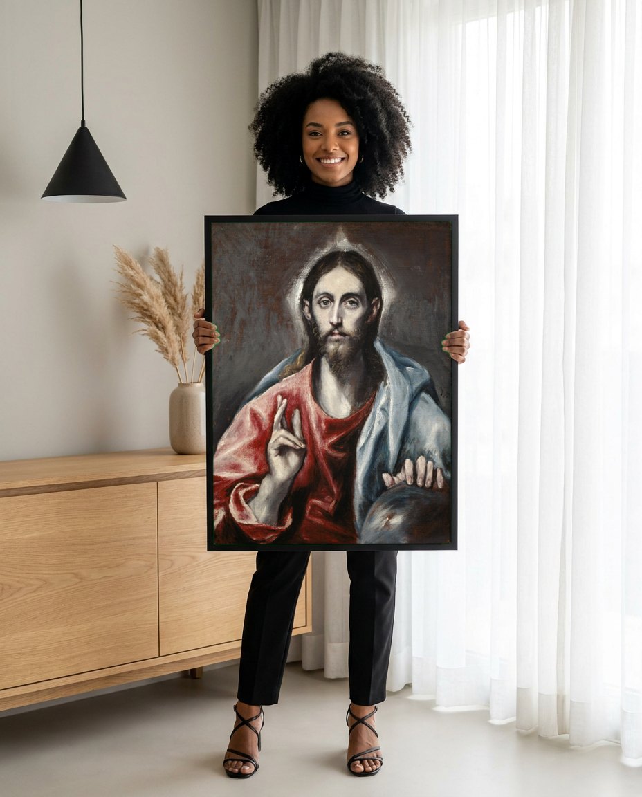 Quadro Decorativo Jesus Cristo Salvador do Mundo - El Greco | modelo apresentando o quadro emoldurado
